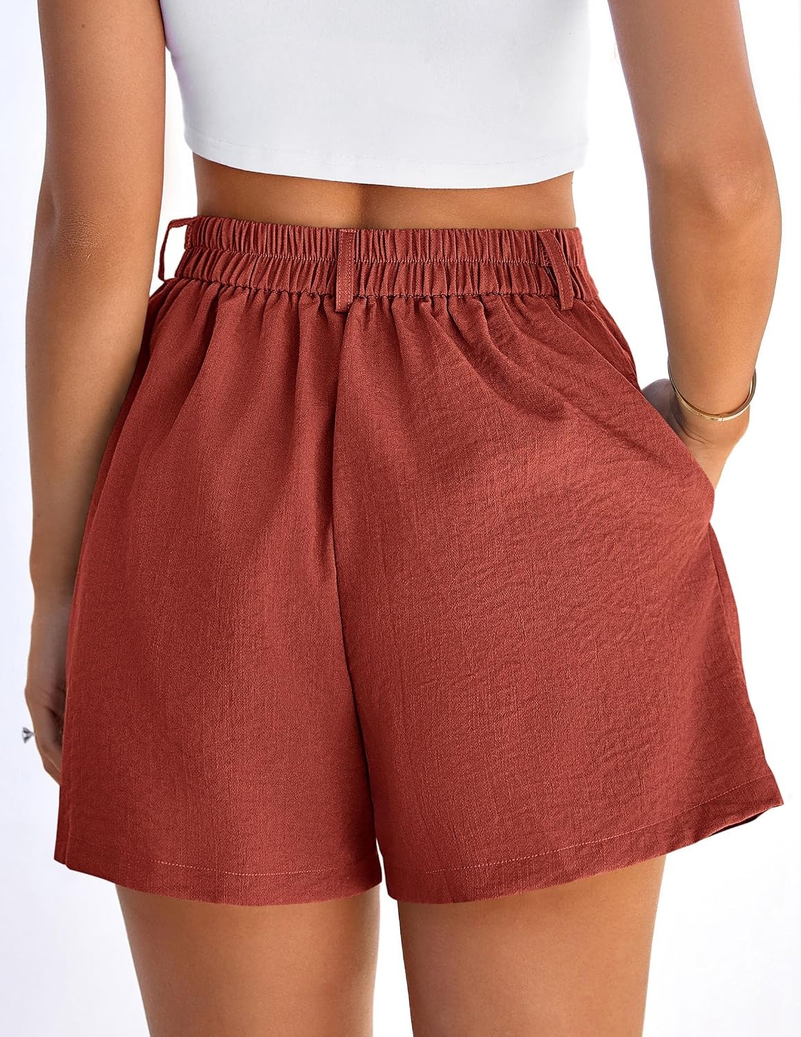 image:imagePRETTYGARDEN Womens Shorts Casual 2026 Summer Elastic High Waist Zipper Button Tailored Shorts Pleated Beach Vacation ClothesRust Red