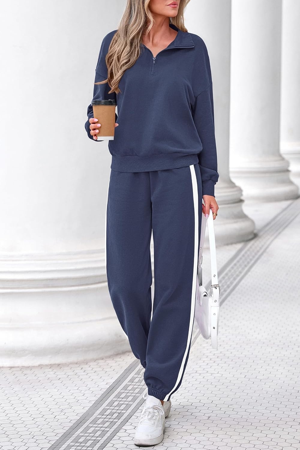 image:imagePRETTYGARDEN Womens Sweatsuits 2 Piece Outfits Fall Matching Lounge Sets Casual Loose Half Zip Oversized Sweathirt High Waist Jogger Tracksuit Two Piece Sweat Set Travel Airport Workout ClothesGrey Blue
