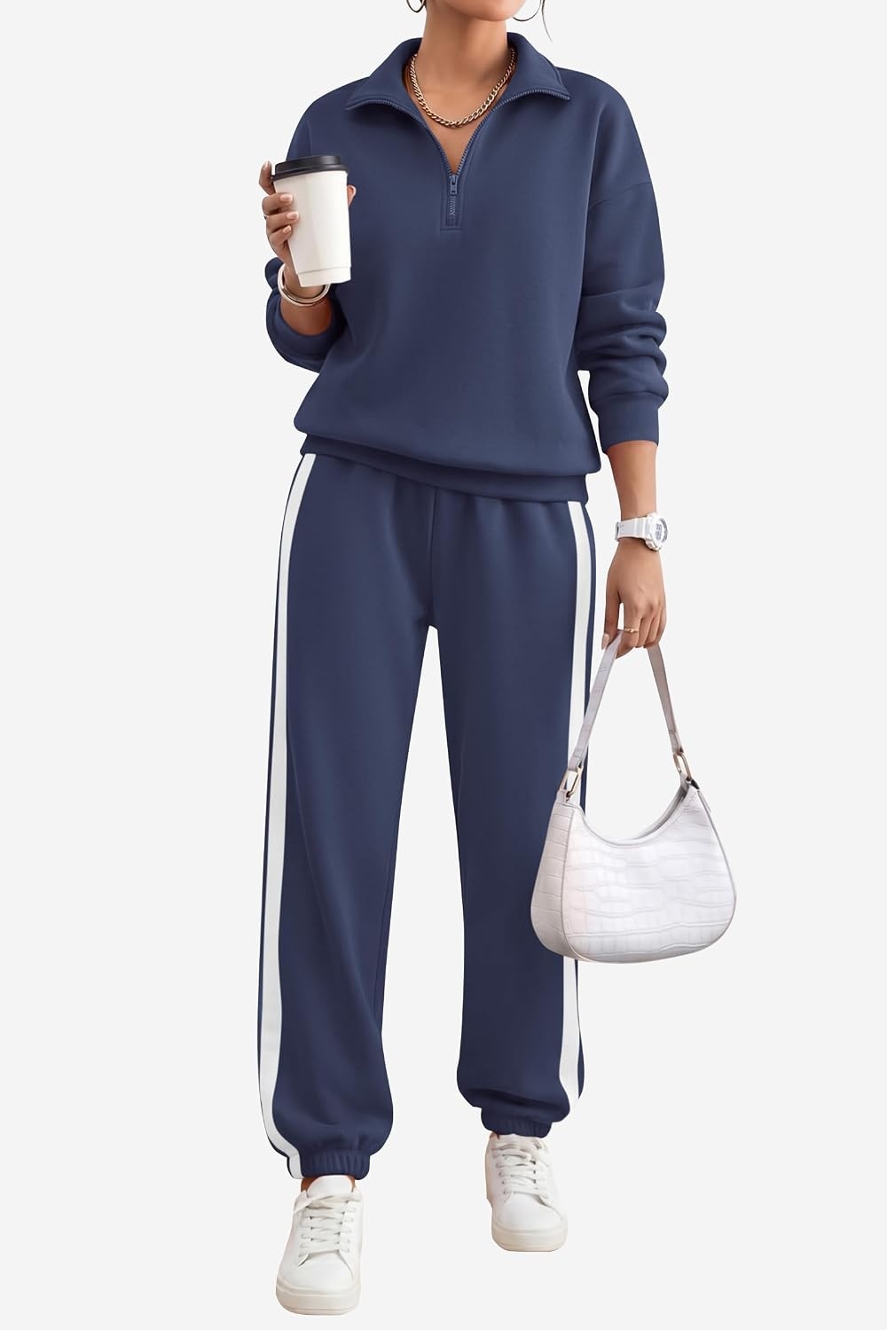 image:imagePRETTYGARDEN Womens Sweatsuits 2 Piece Outfits Fall Matching Lounge Sets Casual Loose Half Zip Oversized Sweathirt High Waist Jogger Tracksuit Two Piece Sweat Set Travel Airport Workout ClothesGrey Blue
