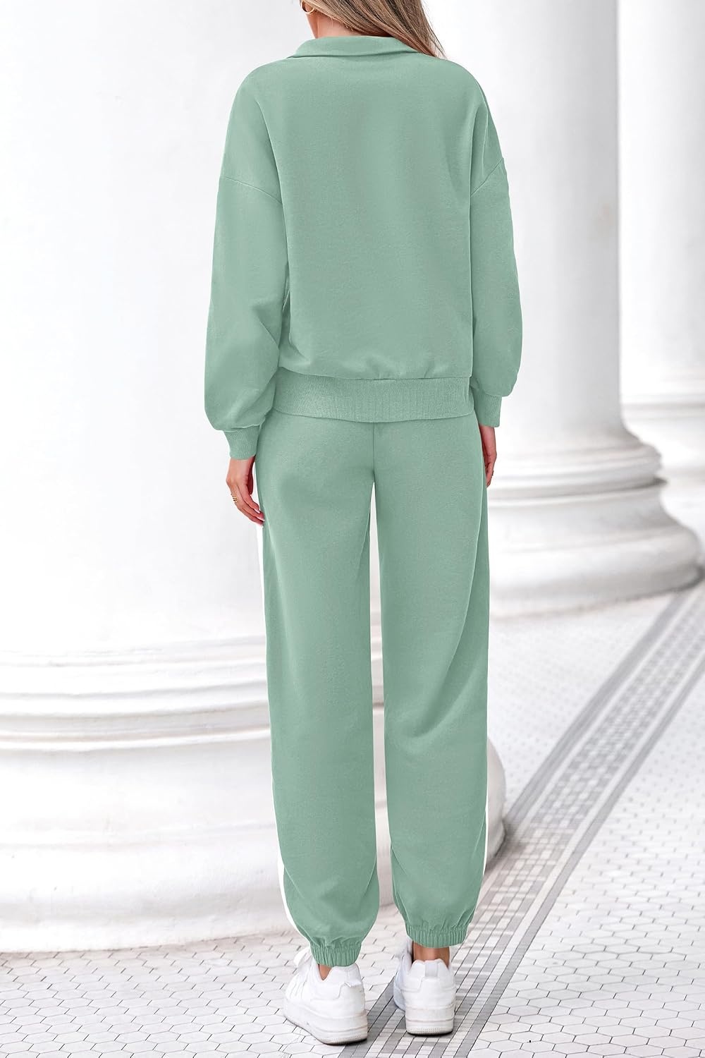 image:imagePRETTYGARDEN Womens Sweatsuits 2 Piece Outfits Fall Matching Lounge Sets Casual Loose Half Zip Oversized Sweathirt High Waist Jogger Tracksuit Two Piece Sweat Set Travel Airport Workout ClothesBean Green