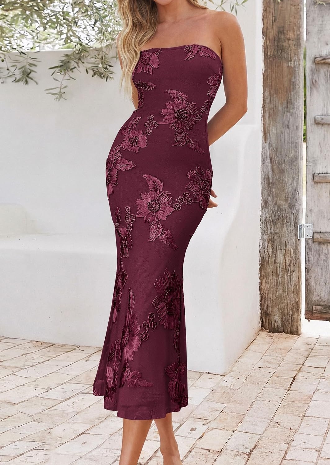 image:imagePRETTYGARDEN Womens Wedding Guest Floral Midi Tube Dress Lightweight Soft Mesh FormFitting Bodycon Strapless Side Slit Elegant for Cocktails Homecoming Parties amp Formal EventsBurgundy