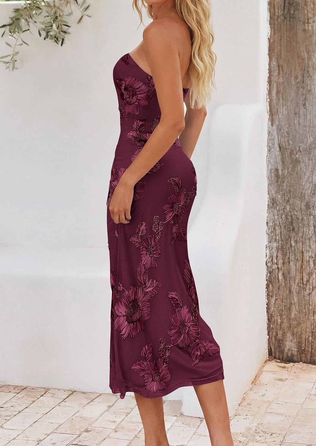 image:imagePRETTYGARDEN Womens Wedding Guest Floral Midi Tube Dress Lightweight Soft Mesh FormFitting Bodycon Strapless Side Slit Elegant for Cocktails Homecoming Parties amp Formal EventsBurgundy