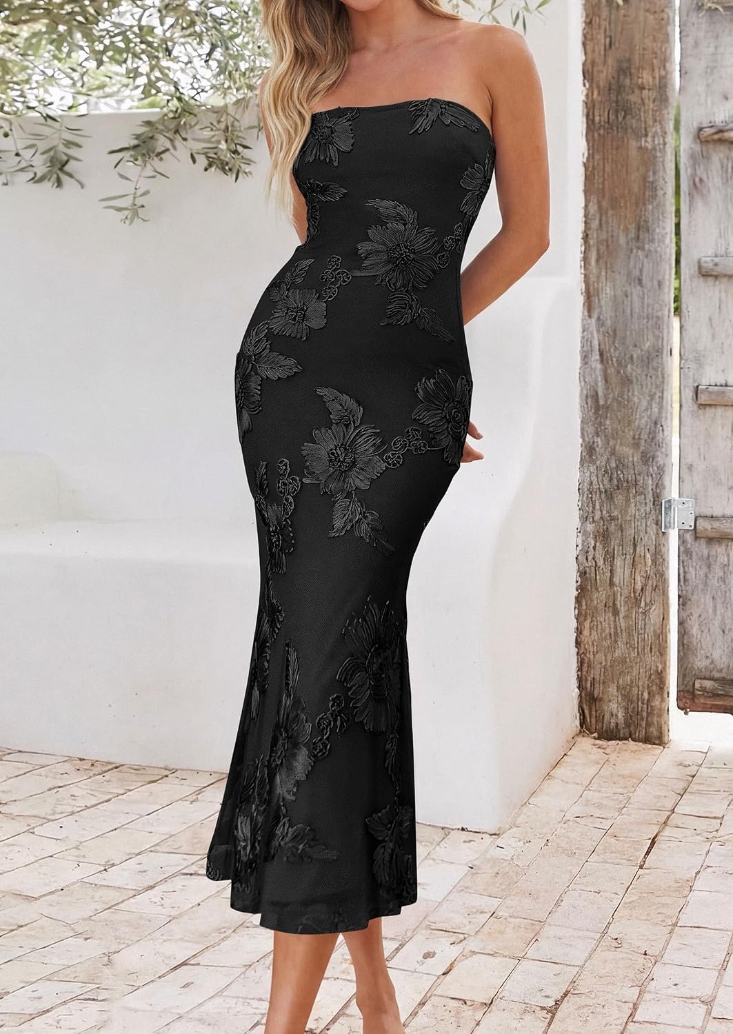 image:imagePRETTYGARDEN Womens Wedding Guest Floral Midi Tube Dress Lightweight Soft Mesh FormFitting Bodycon Strapless Side Slit Elegant for Cocktails Homecoming Parties amp Formal EventsBlack