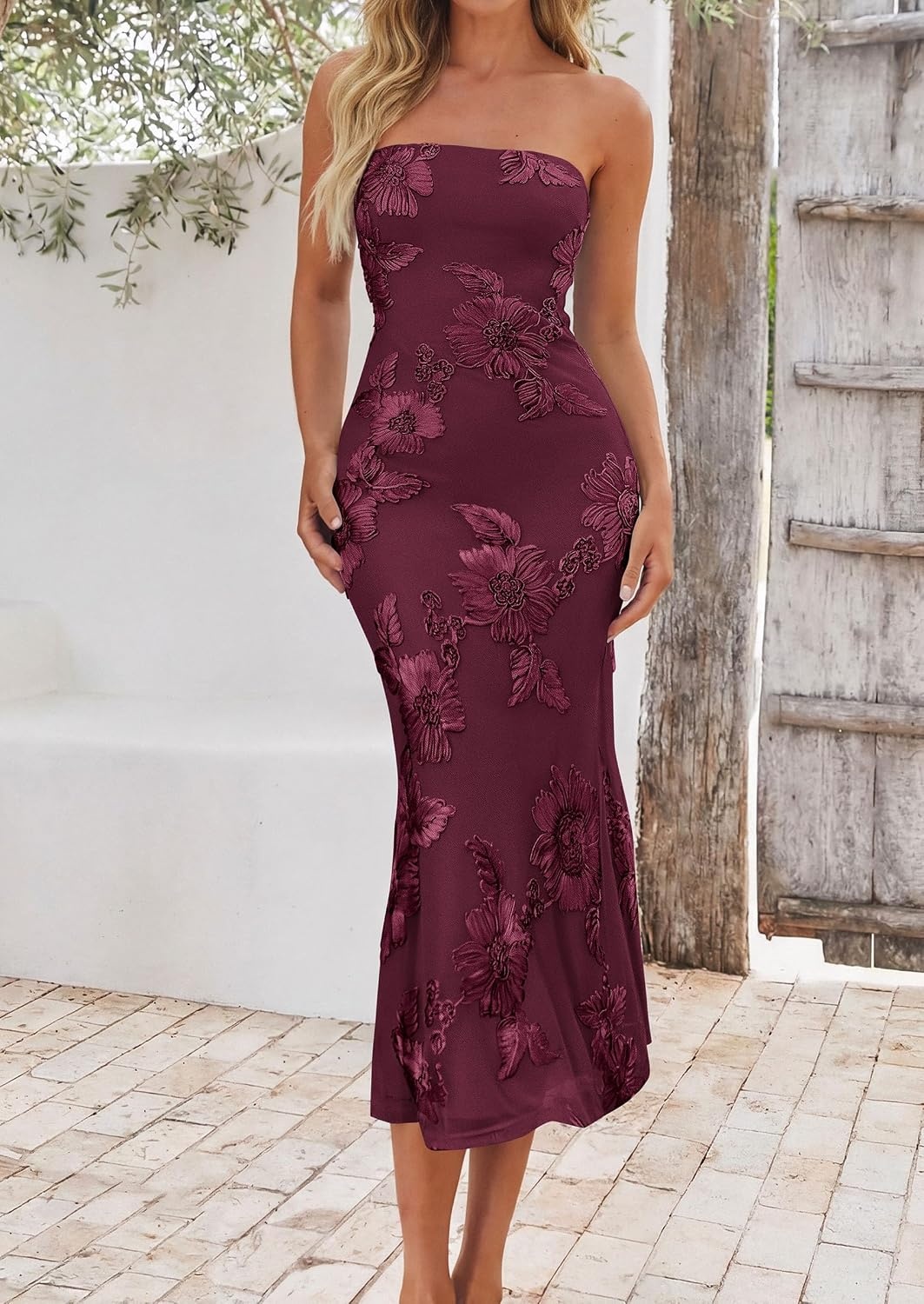 image:imagePRETTYGARDEN Womens Wedding Guest Floral Midi Tube Dress Lightweight Soft Mesh FormFitting Bodycon Strapless Side Slit Elegant for Cocktails Homecoming Parties amp Formal EventsBurgundy
