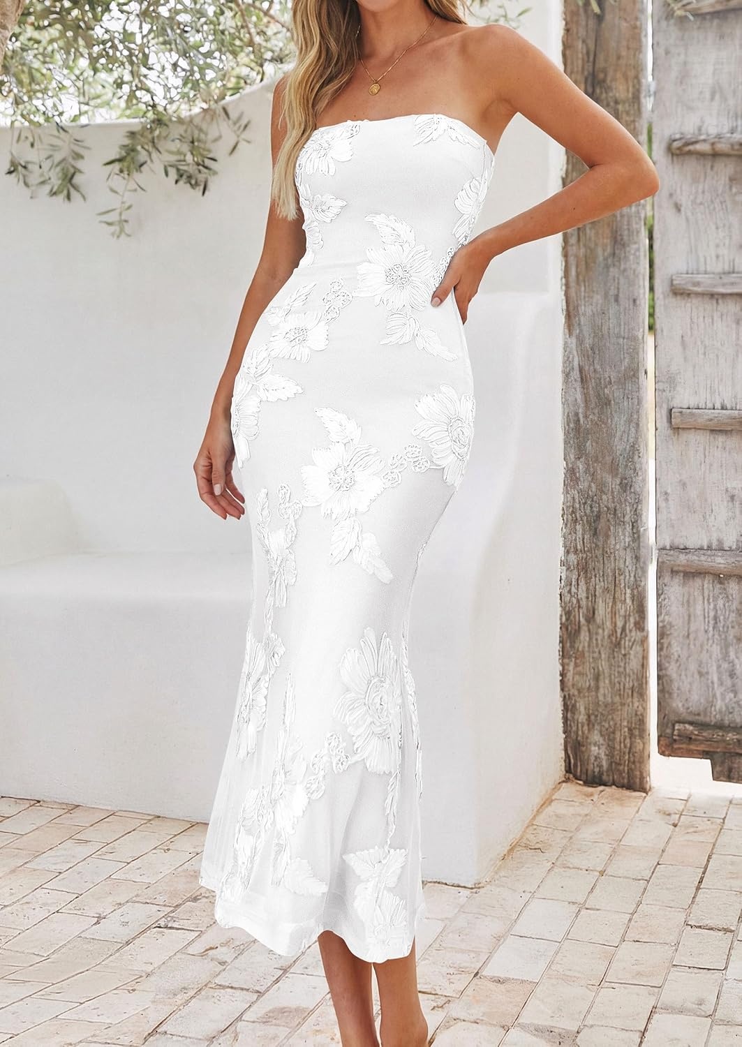 image:imagePRETTYGARDEN Womens Wedding Guest Floral Midi Tube Dress Lightweight Soft Mesh FormFitting Bodycon Strapless Side Slit Elegant for Cocktails Homecoming Parties amp Formal EventsWhite