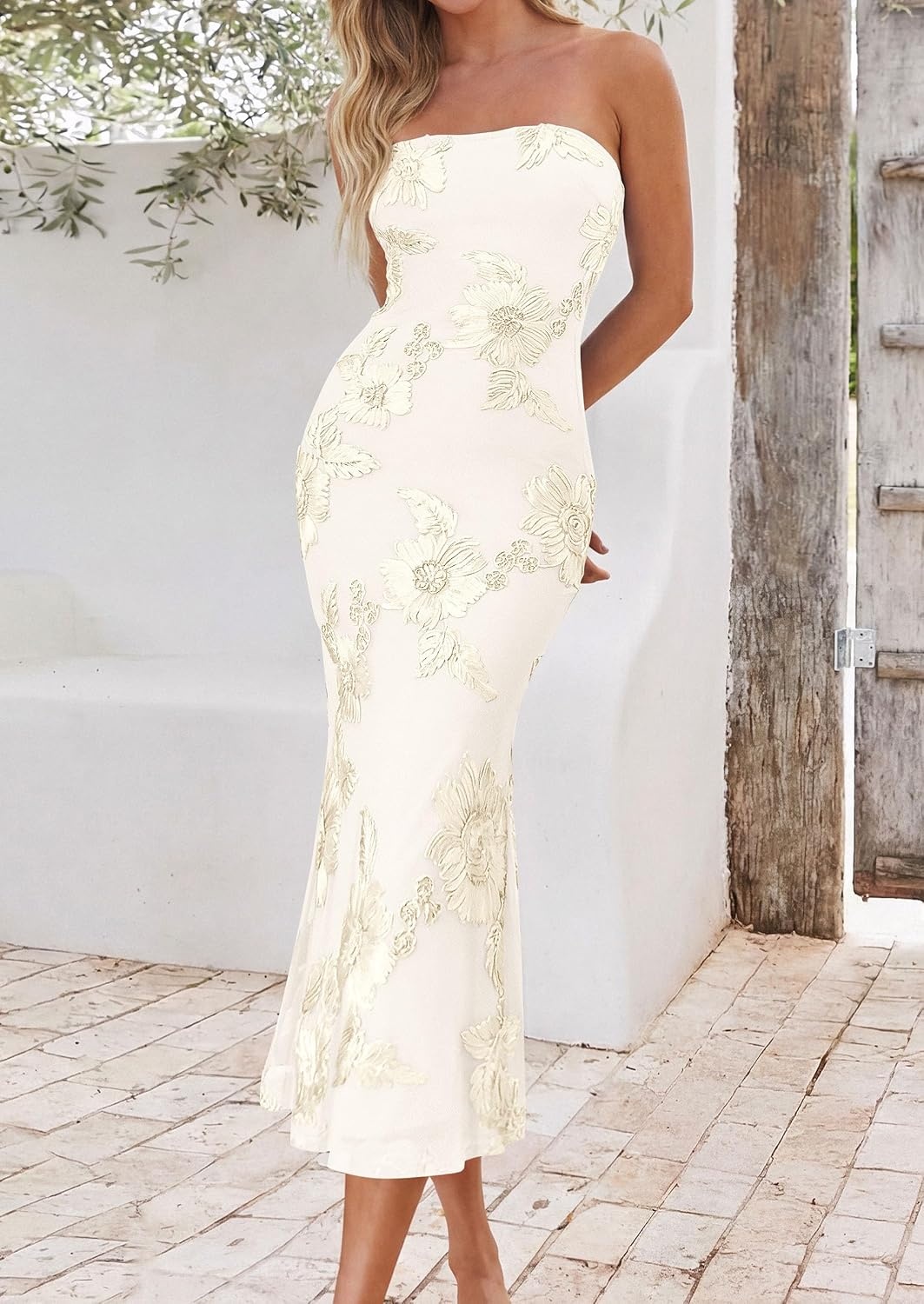 image:imagePRETTYGARDEN Womens Wedding Guest Floral Midi Tube Dress Lightweight Soft Mesh FormFitting Bodycon Strapless Side Slit Elegant for Cocktails Homecoming Parties amp Formal EventsApricot