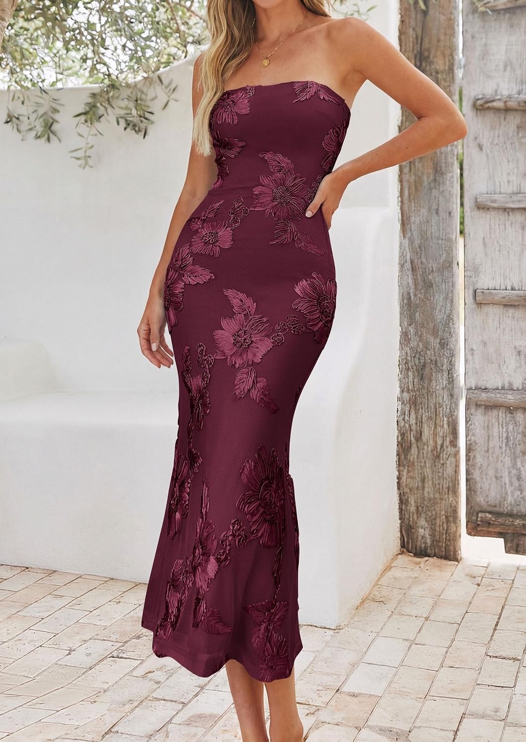 image:imagePRETTYGARDEN Womens Wedding Guest Floral Midi Tube Dress Lightweight Soft Mesh FormFitting Bodycon Strapless Side Slit Elegant for Cocktails Homecoming Parties amp Formal EventsBurgundy
