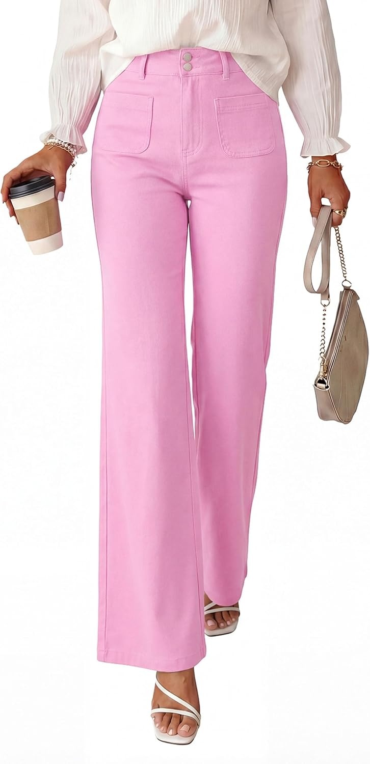 image:imagePRETTYGARDEN Womens Wide Leg Jeans High Waisted Stretchy High Rise Flare Jeans with Front Patch Pockets Loose Fit Daily Wear Denim Trendy Office Work Pants Business Casual OutfitsPink