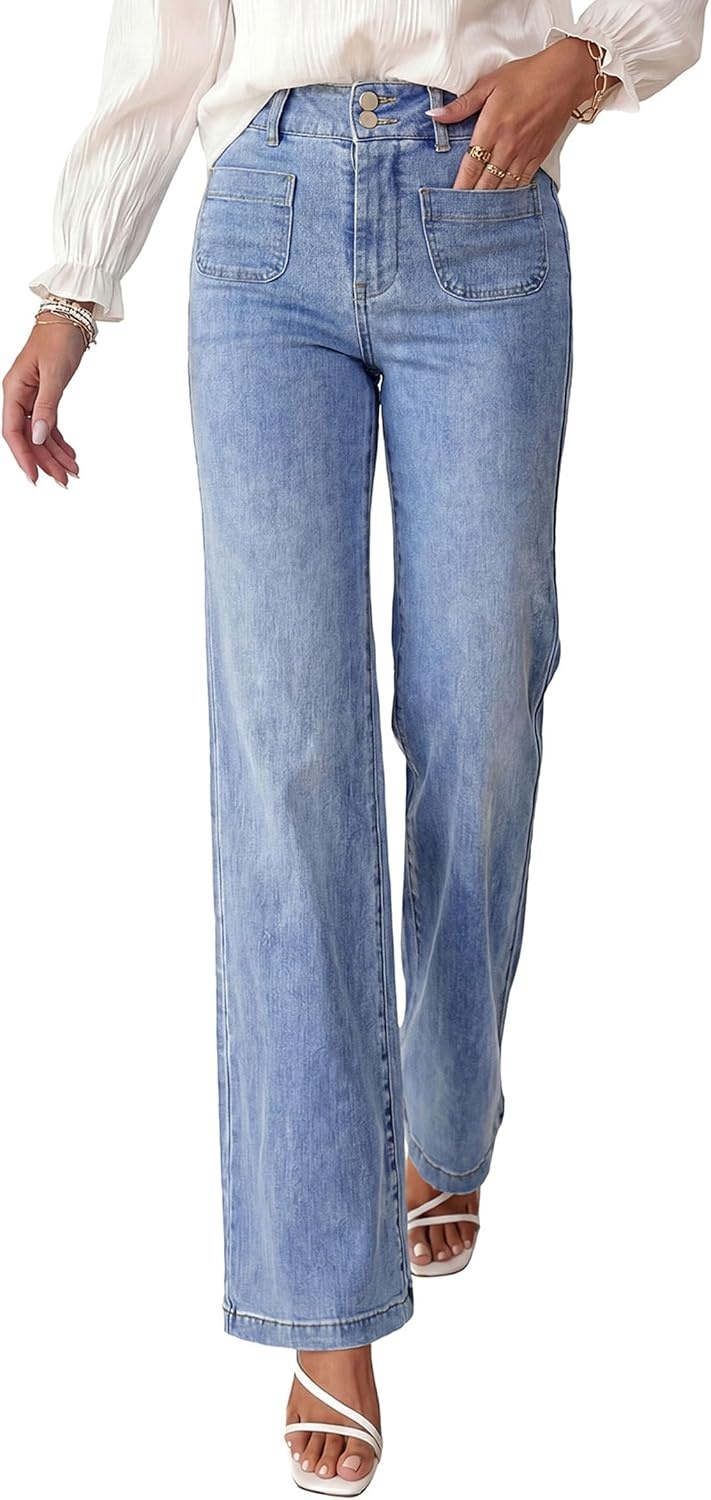 image:imagePRETTYGARDEN Womens Wide Leg Jeans High Waisted Stretchy High Rise Flare Jeans with Front Patch Pockets Loose Fit Daily Wear Denim Trendy Office Work Pants Business Casual OutfitsDusk Blue