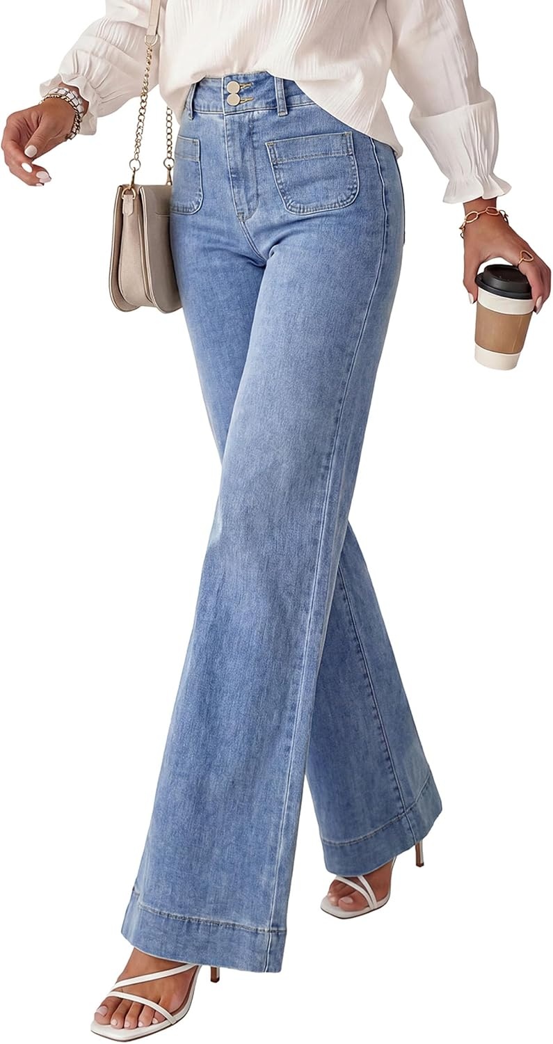 image:imagePRETTYGARDEN Womens Wide Leg Jeans High Waisted Stretchy High Rise Flare Jeans with Front Patch Pockets Loose Fit Daily Wear Denim Trendy Office Work Pants Business Casual OutfitsDusk Blue