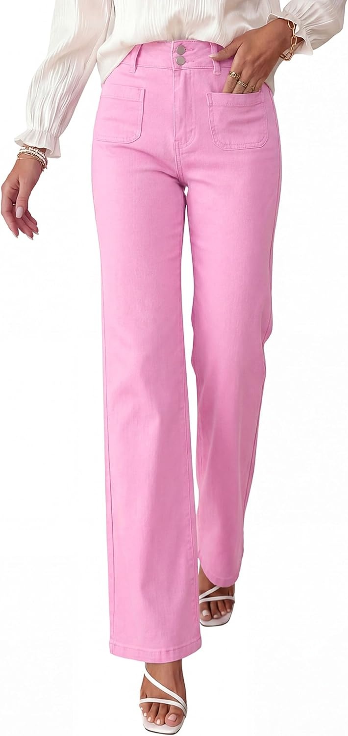 image:imagePRETTYGARDEN Womens Wide Leg Jeans High Waisted Stretchy High Rise Flare Jeans with Front Patch Pockets Loose Fit Daily Wear Denim Trendy Office Work Pants Business Casual OutfitsPink