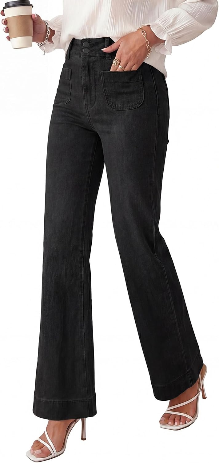 image:imagePRETTYGARDEN Womens Wide Leg Jeans High Waisted Stretchy High Rise Flare Jeans with Front Patch Pockets Loose Fit Daily Wear Denim Trendy Office Work Pants Business Casual OutfitsBlack