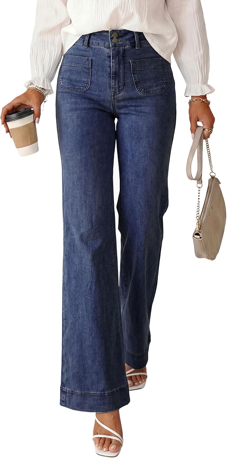 image:imagePRETTYGARDEN Womens Wide Leg Jeans High Waisted Stretchy High Rise Flare Jeans with Front Patch Pockets Loose Fit Daily Wear Denim Trendy Office Work Pants Business Casual OutfitsNavy