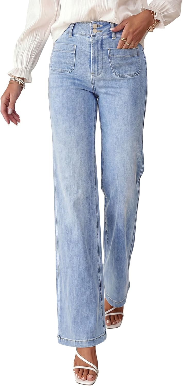 image:imagePRETTYGARDEN Womens Wide Leg Jeans High Waisted Stretchy High Rise Flare Jeans with Front Patch Pockets Loose Fit Daily Wear Denim Trendy Office Work Pants Business Casual OutfitsAshleigh Blue
