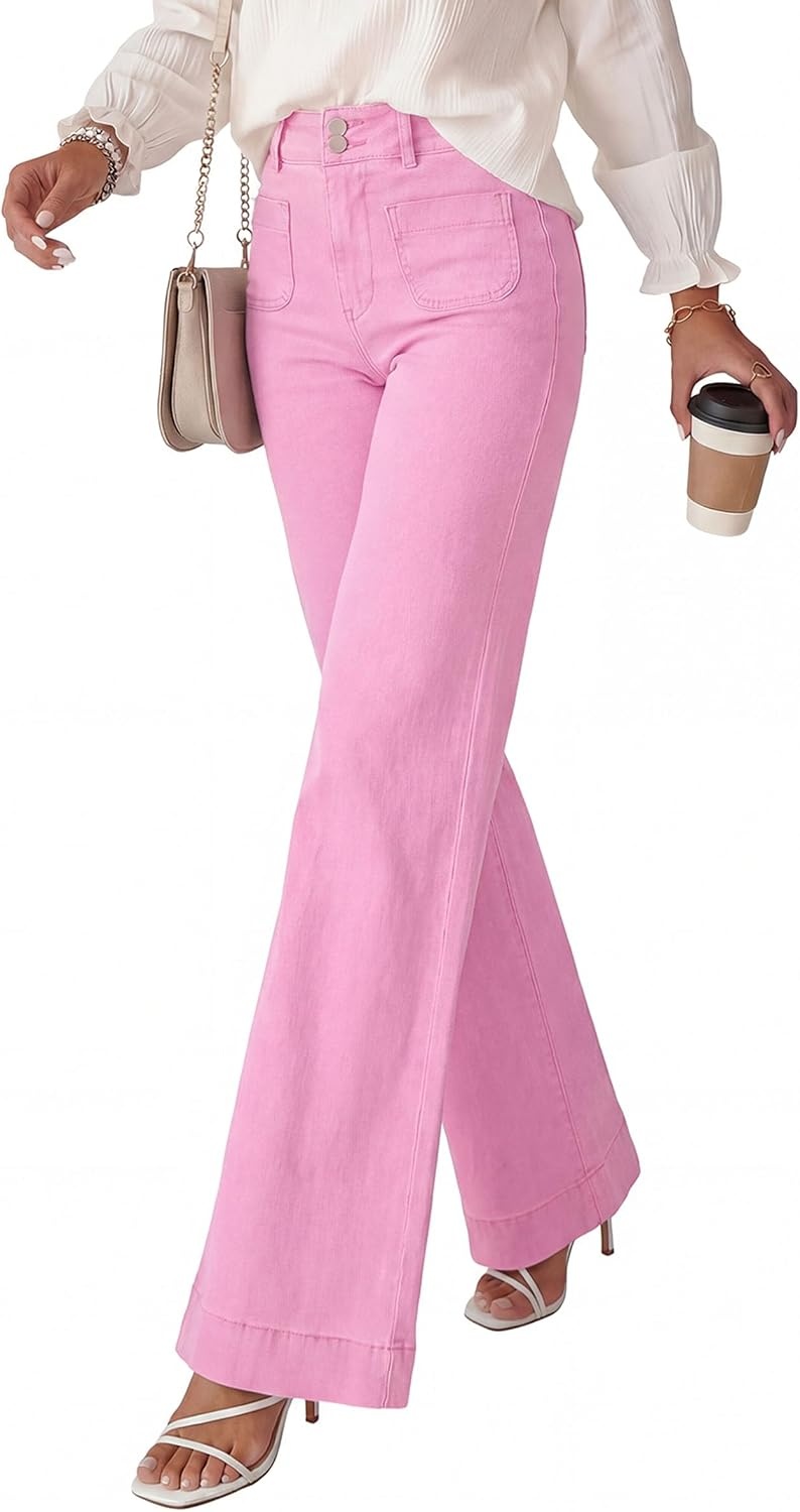 image:imagePRETTYGARDEN Womens Wide Leg Jeans High Waisted Stretchy High Rise Flare Jeans with Front Patch Pockets Loose Fit Daily Wear Denim Trendy Office Work Pants Business Casual OutfitsPink