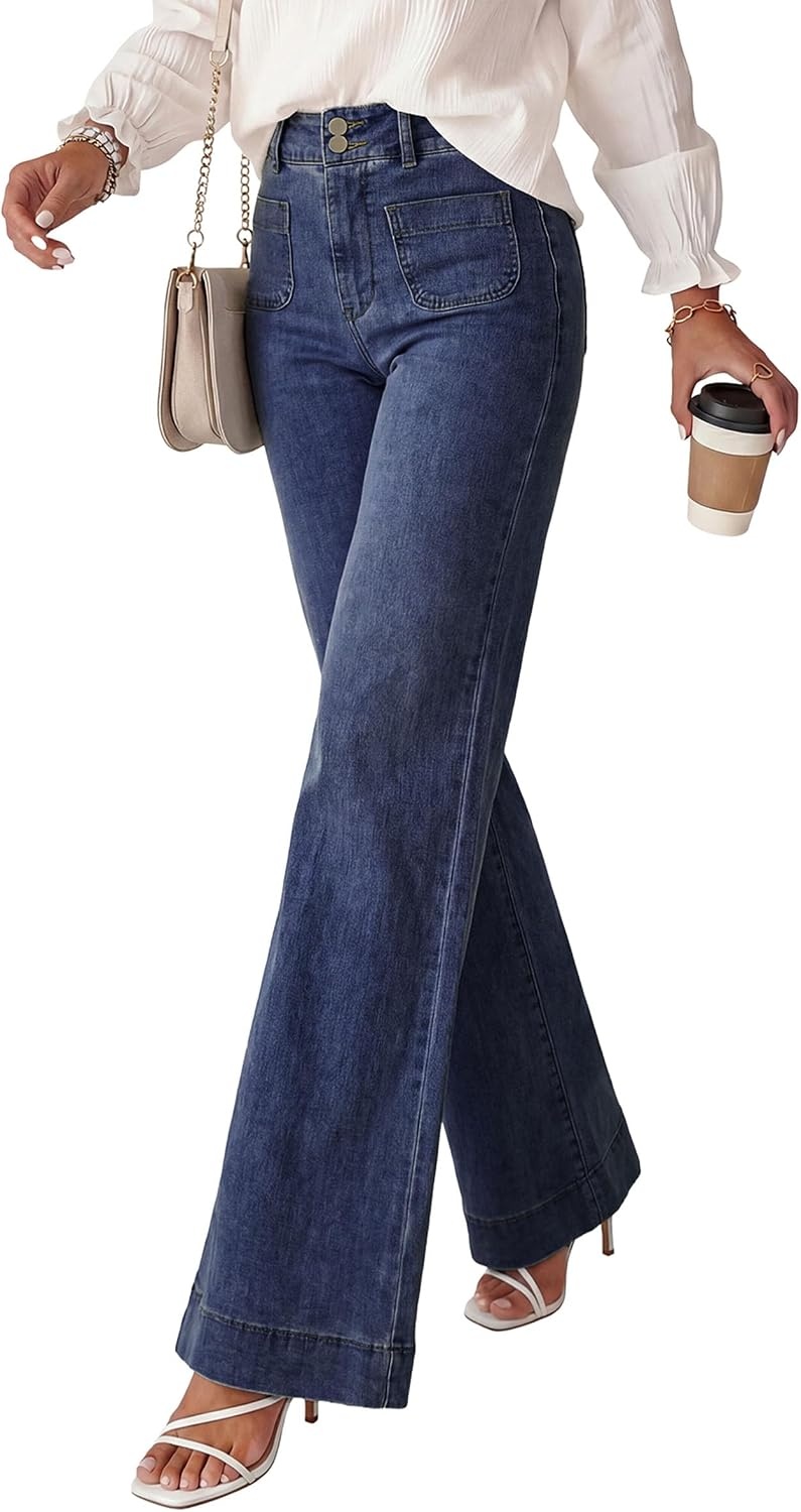 image:imagePRETTYGARDEN Womens Wide Leg Jeans High Waisted Stretchy High Rise Flare Jeans with Front Patch Pockets Loose Fit Daily Wear Denim Trendy Office Work Pants Business Casual OutfitsNavy
