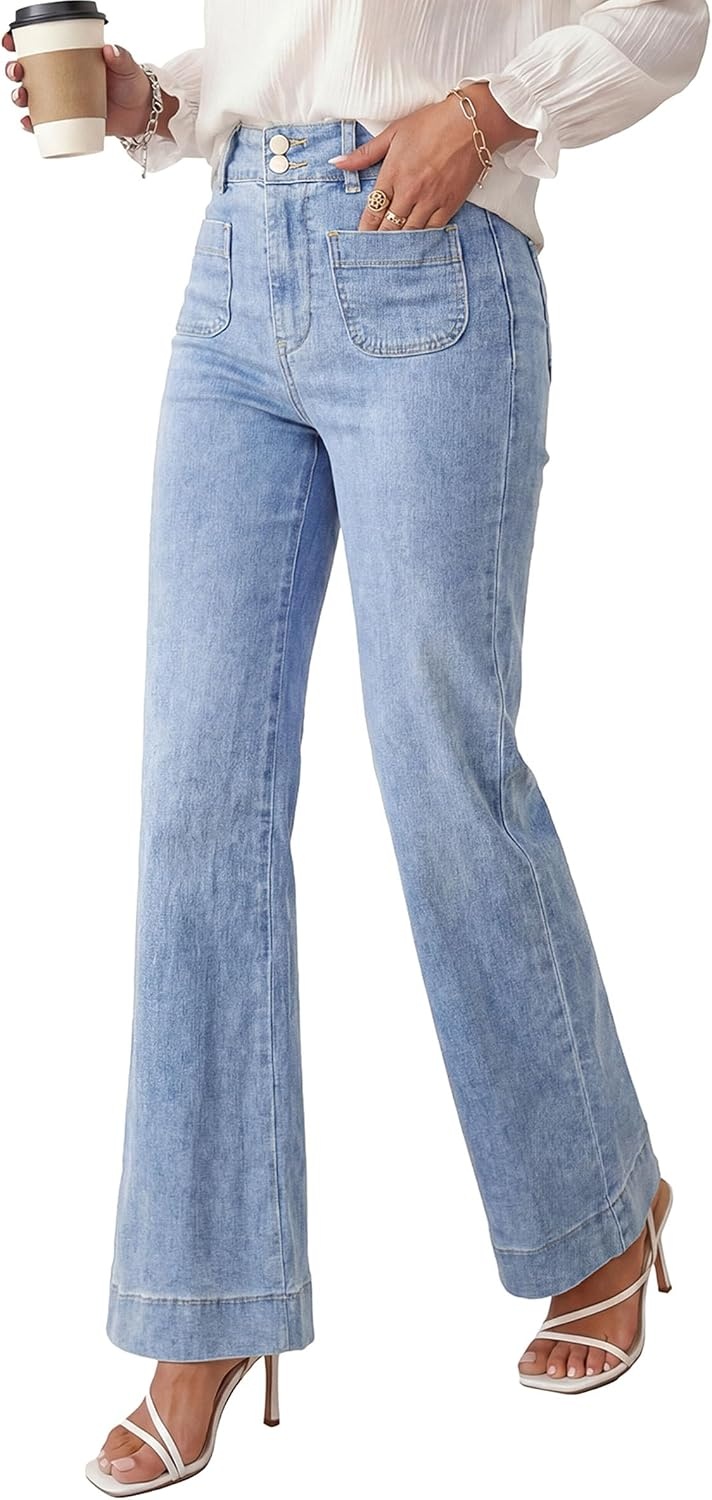 image:imagePRETTYGARDEN Womens Wide Leg Jeans High Waisted Stretchy High Rise Flare Jeans with Front Patch Pockets Loose Fit Daily Wear Denim Trendy Office Work Pants Business Casual OutfitsAshleigh Blue