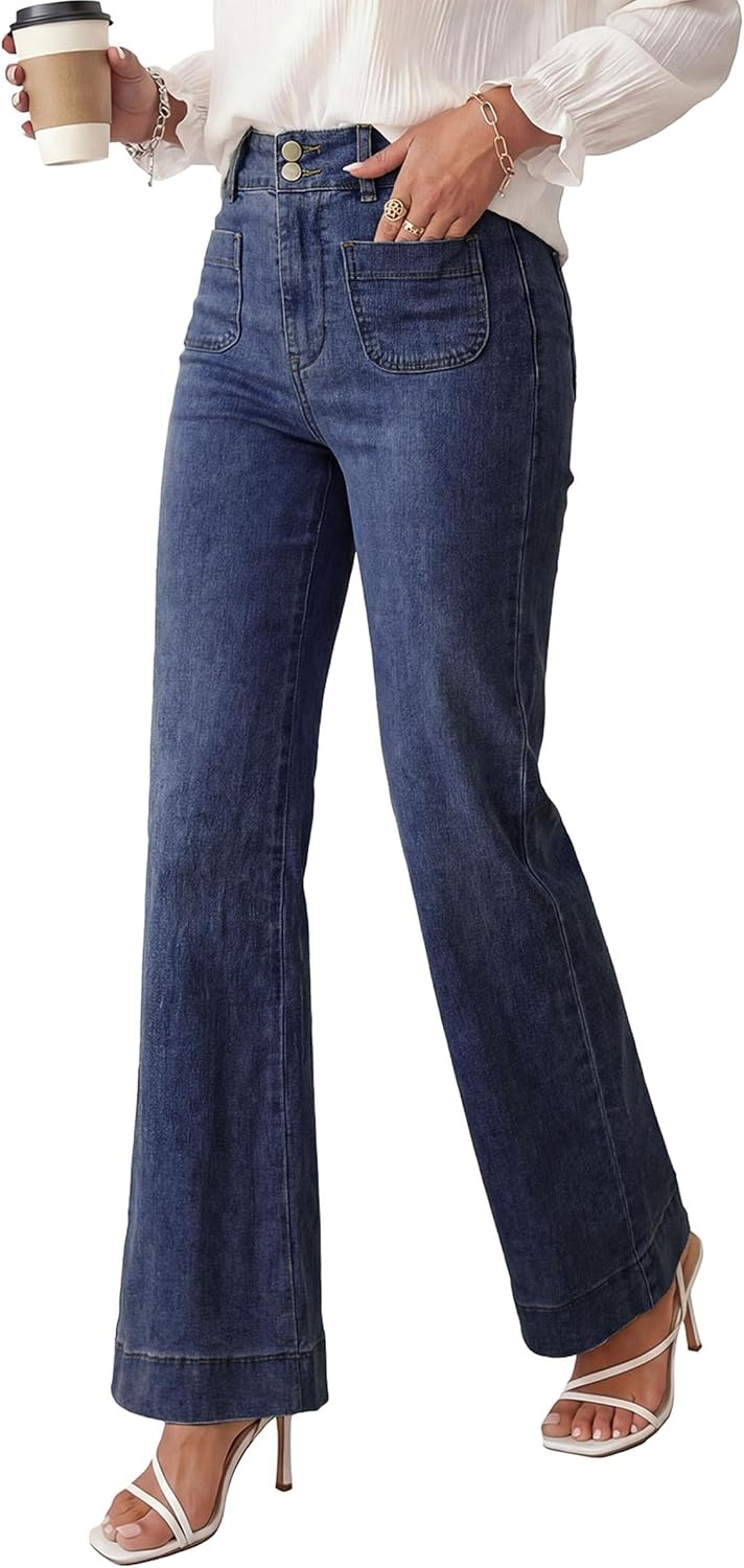 image:imagePRETTYGARDEN Womens Wide Leg Jeans High Waisted Stretchy High Rise Flare Jeans with Front Patch Pockets Loose Fit Daily Wear Denim Trendy Office Work Pants Business Casual OutfitsNavy
