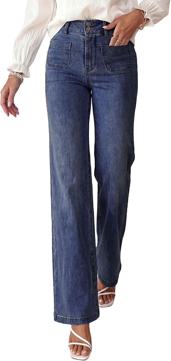 image:imagePRETTYGARDEN Womens Wide Leg Jeans High Waisted Stretchy High Rise Flare Jeans with Front Patch Pockets Loose Fit Daily Wear Denim Trendy Office Work Pants Business Casual OutfitsNavy