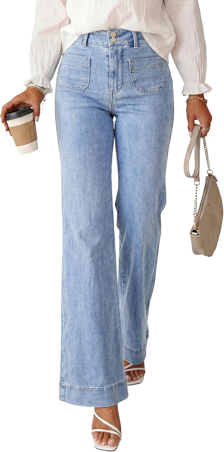image:imagePRETTYGARDEN Womens Wide Leg Jeans High Waisted Stretchy High Rise Flare Jeans with Front Patch Pockets Loose Fit Daily Wear Denim Trendy Office Work Pants Business Casual OutfitsAshleigh Blue