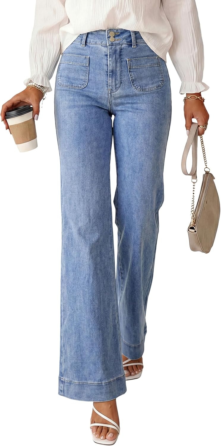 image:imagePRETTYGARDEN Womens Wide Leg Jeans High Waisted Stretchy High Rise Flare Jeans with Front Patch Pockets Loose Fit Daily Wear Denim Trendy Office Work Pants Business Casual OutfitsDusk Blue