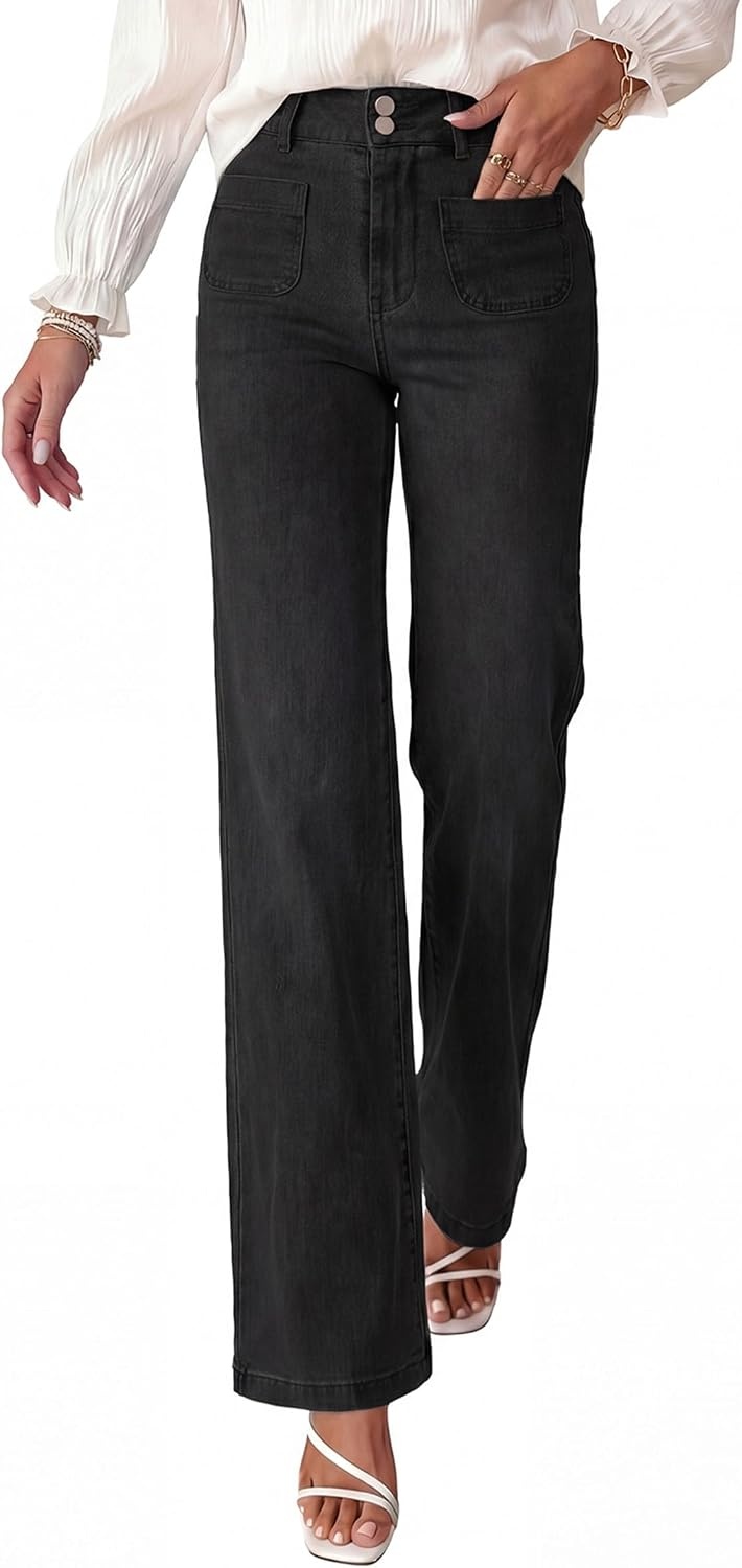 image:imagePRETTYGARDEN Womens Wide Leg Jeans High Waisted Stretchy High Rise Flare Jeans with Front Patch Pockets Loose Fit Daily Wear Denim Trendy Office Work Pants Business Casual OutfitsBlack
