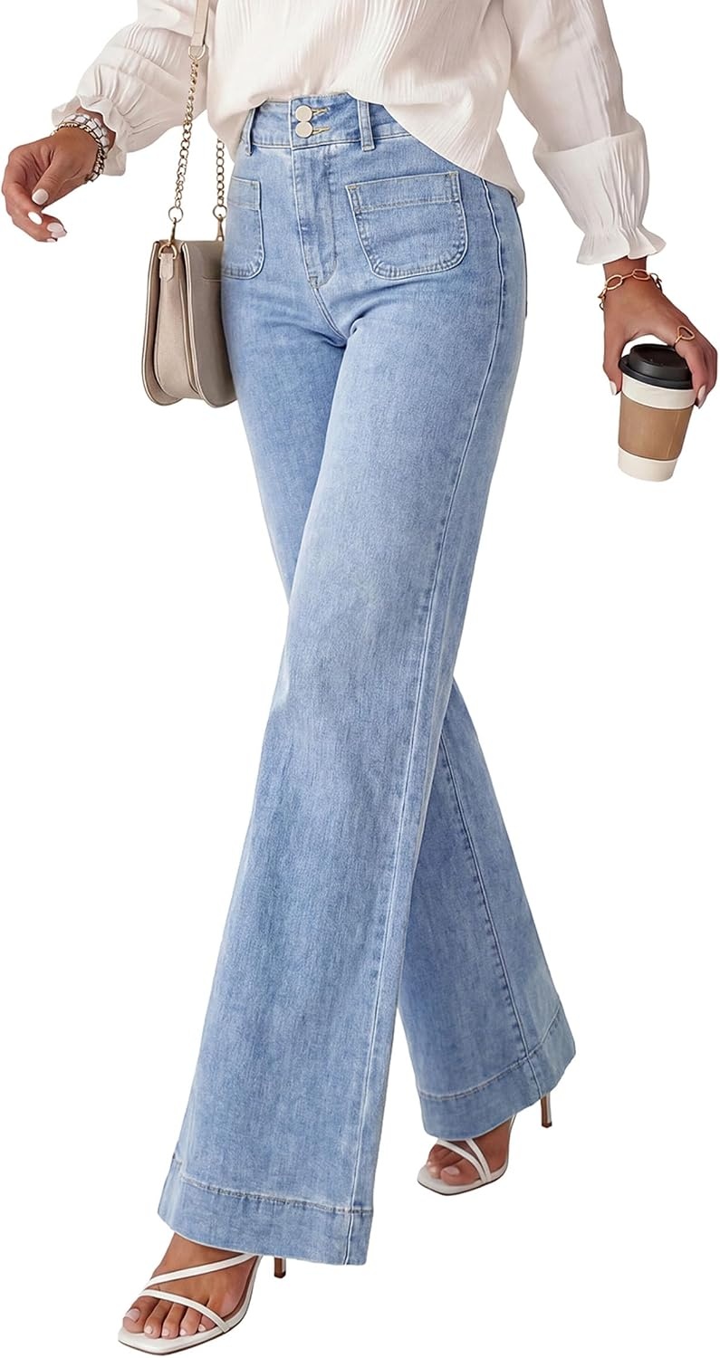 image:imagePRETTYGARDEN Womens Wide Leg Jeans High Waisted Stretchy High Rise Flare Jeans with Front Patch Pockets Loose Fit Daily Wear Denim Trendy Office Work Pants Business Casual OutfitsAshleigh Blue