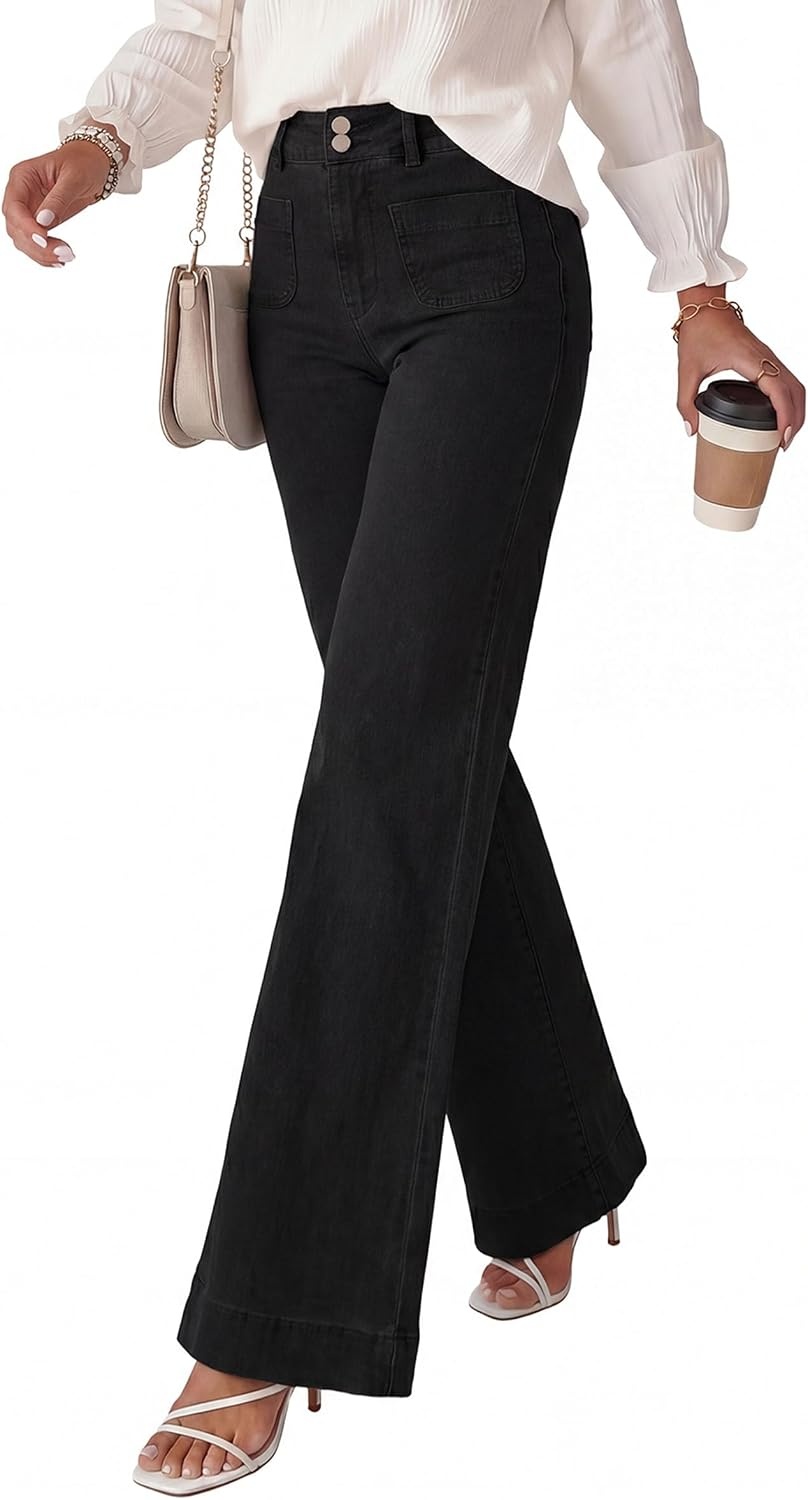 image:imagePRETTYGARDEN Womens Wide Leg Jeans High Waisted Stretchy High Rise Flare Jeans with Front Patch Pockets Loose Fit Daily Wear Denim Trendy Office Work Pants Business Casual OutfitsBlack