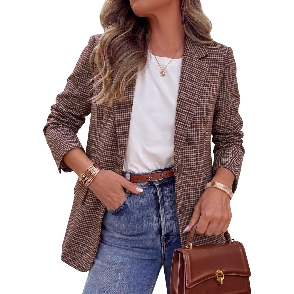 image:imagePRETTYGARDEN Fall Blazers for Women Business Casual Long Sleeve Plaid Houndstooth Notch Lapel Pockets Oversized Blazer Outerwear Trendy Suit Jackets 2026 Winter Work OutfitsPlaid Pink
