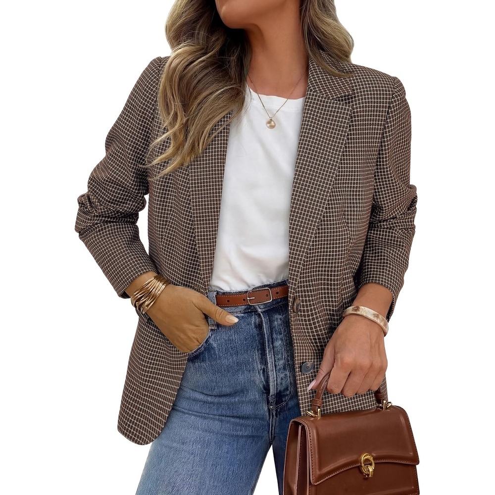 image:imagePRETTYGARDEN Fall Blazers for Women Business Casual  Long Sleeve Plaid Houndstooth Notch Lapel Pockets Oversized Blazer Outerwear Trendy Suit Jackets 2026 Winter Work OutfitsPlaid Brown