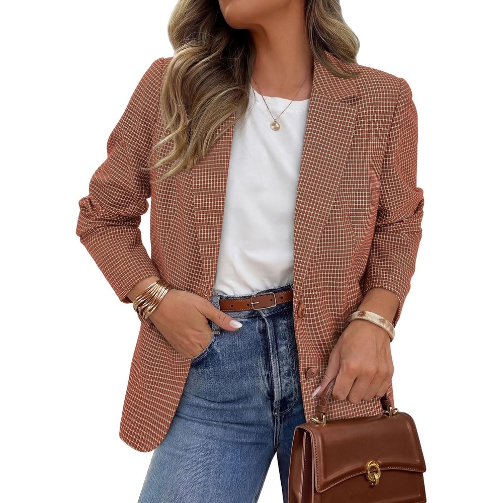 image:imagePRETTYGARDEN Fall Blazers for Women Business Casual  Long Sleeve Plaid Houndstooth Notch Lapel Pockets Oversized Blazer Outerwear Trendy Suit Jackets 2026 Winter Work OutfitsPlaid Caramel