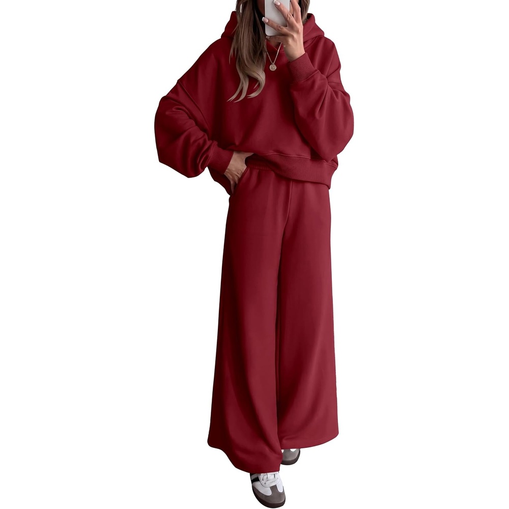 image:imagePRETTYGARDEN Women 2 Piece Hoodies Sweatpants Sweatsuits Long Sleeve Oversized Hooded Sweatshirts Cotton Wide Leg Sweatpant With Pockets Fall Workout Sets Holiday Travel OutfitsBurgundy