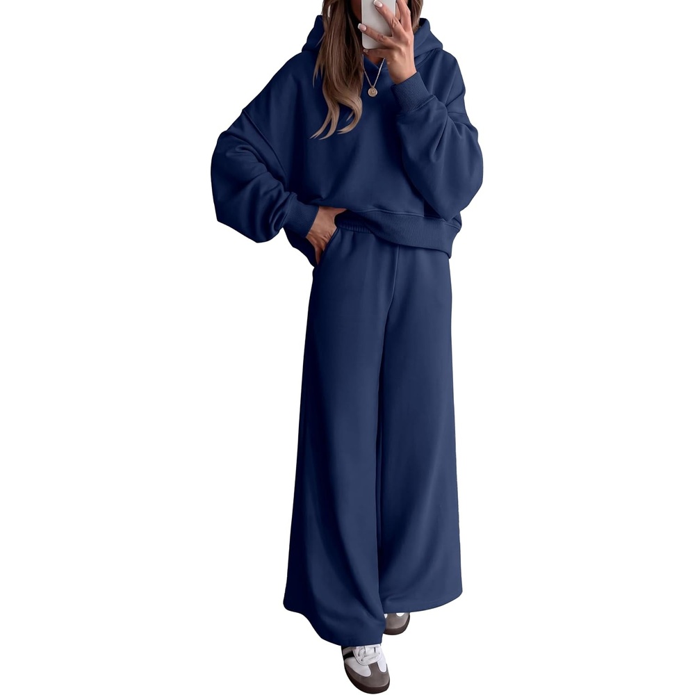 image:imagePRETTYGARDEN Women 2 Piece Hoodies Sweatpants Sweatsuits Long Sleeve Oversized Hooded Sweatshirts Cotton Wide Leg Sweatpant With Pockets Fall Workout Sets Holiday Travel OutfitsNavy Blue