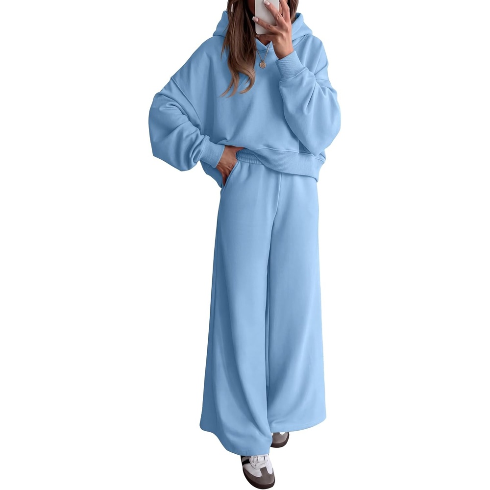 image:imagePRETTYGARDEN Women 2 Piece Hoodies Sweatpants Sweatsuits Long Sleeve Oversized Hooded Sweatshirts Cotton Wide Leg Sweatpant With Pockets Fall Workout Sets Holiday Travel OutfitsLight Blue