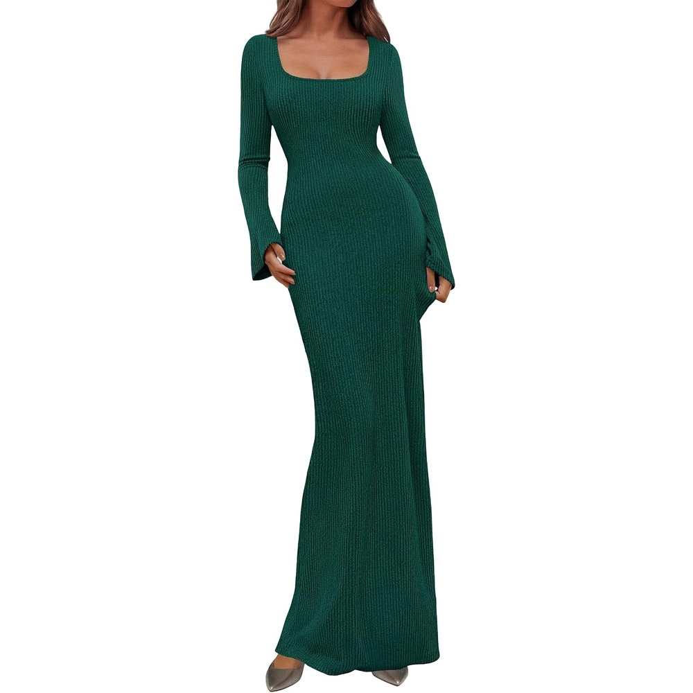 image:imagePRETTYGARDEN Womens Fall Long Sleeve Maxi Bodycon Dresses Soft Stretchy Ribbed Knit Bell Sleeve Square Neck Mermaid Elegant Long Dress Wedding Guest Party 2026 Winter ClothingDark Green