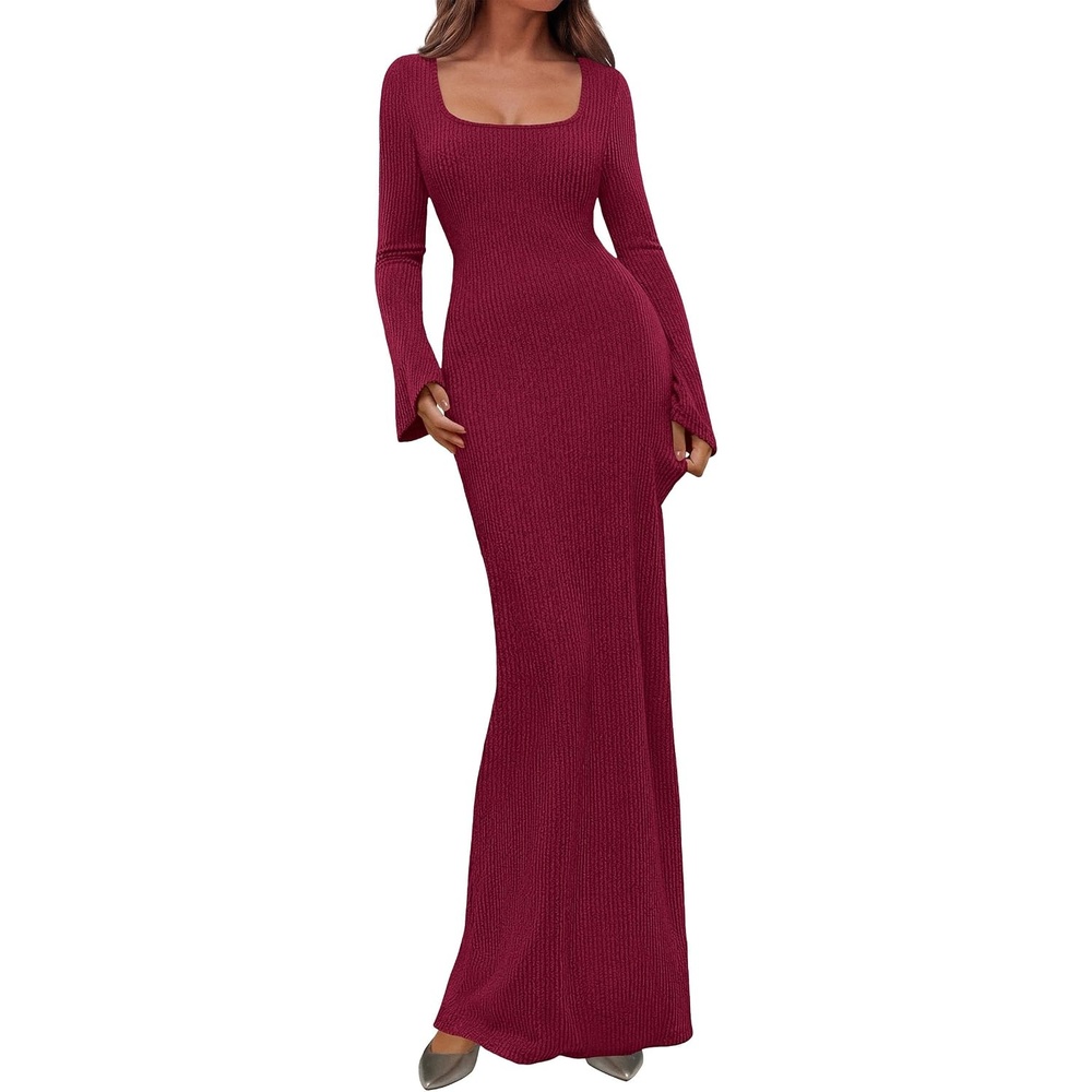 image:imagePRETTYGARDEN Womens Fall Long Sleeve Maxi Bodycon Dresses Soft Stretchy Ribbed Knit Bell Sleeve Square Neck Mermaid Elegant Long Dress Wedding Guest Party 2026 Winter ClothingBurgundy