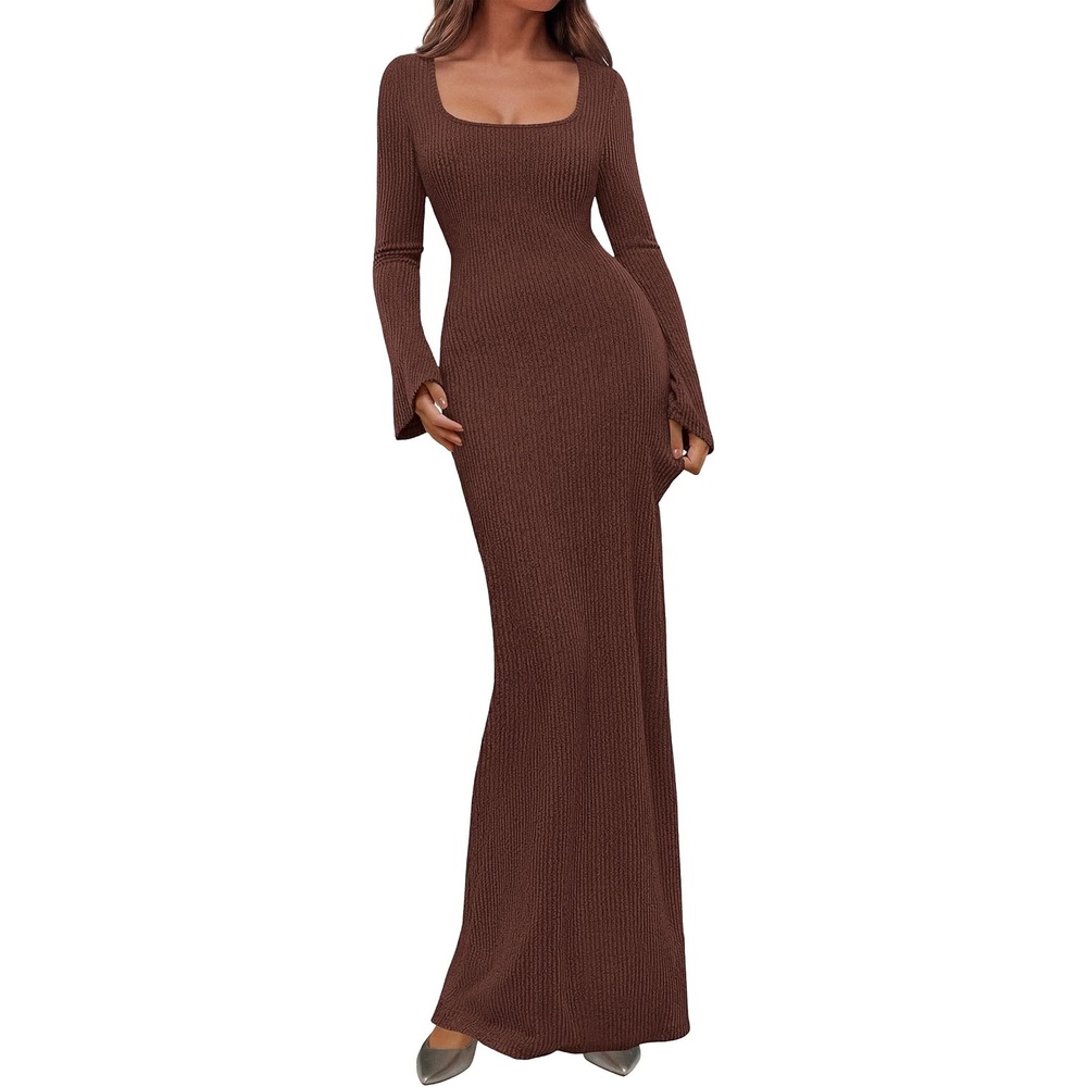 image:imagePRETTYGARDEN Womens Fall Long Sleeve Maxi Bodycon Dresses Soft Stretchy Ribbed Knit Bell Sleeve Square Neck Mermaid Elegant Long Dress Wedding Guest Party 2026 Winter ClothingCoffee