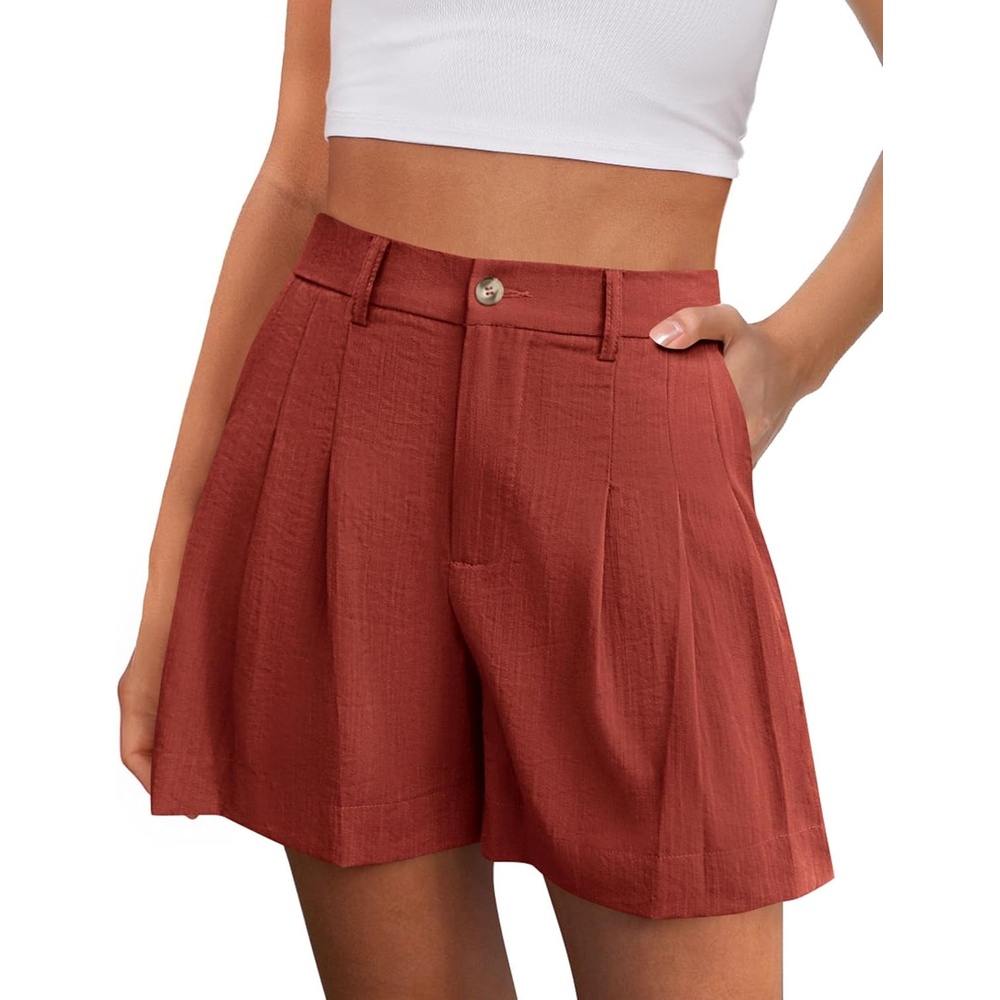 image:imagePRETTYGARDEN Womens Shorts Casual 2026 Summer Elastic High Waist Zipper Button Tailored Shorts Pleated Beach Vacation ClothesRust Red