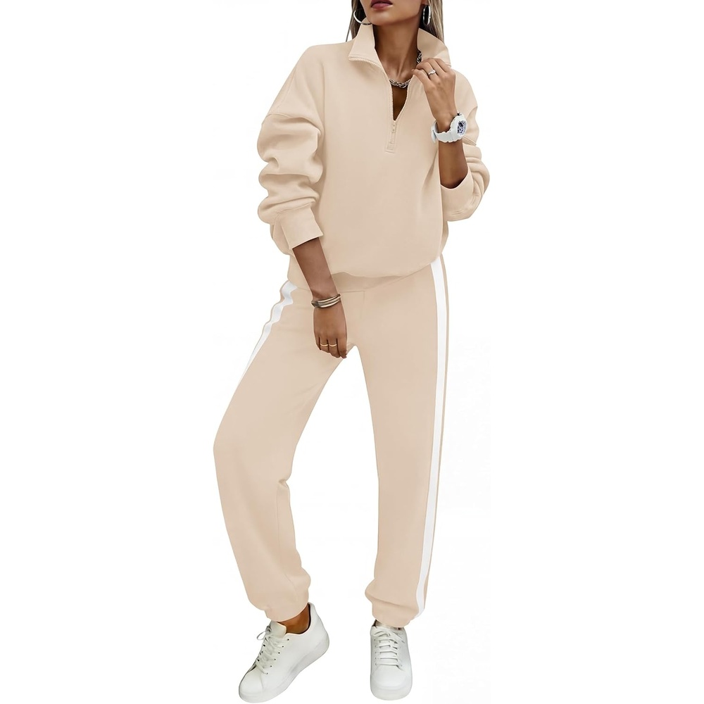 image:imagePRETTYGARDEN Womens Sweatsuits 2 Piece Outfits Fall Matching Lounge Sets Casual Loose Half Zip Oversized Sweathirt High Waist Jogger Tracksuit Two Piece Sweat Set Travel Airport Workout ClothesApricot