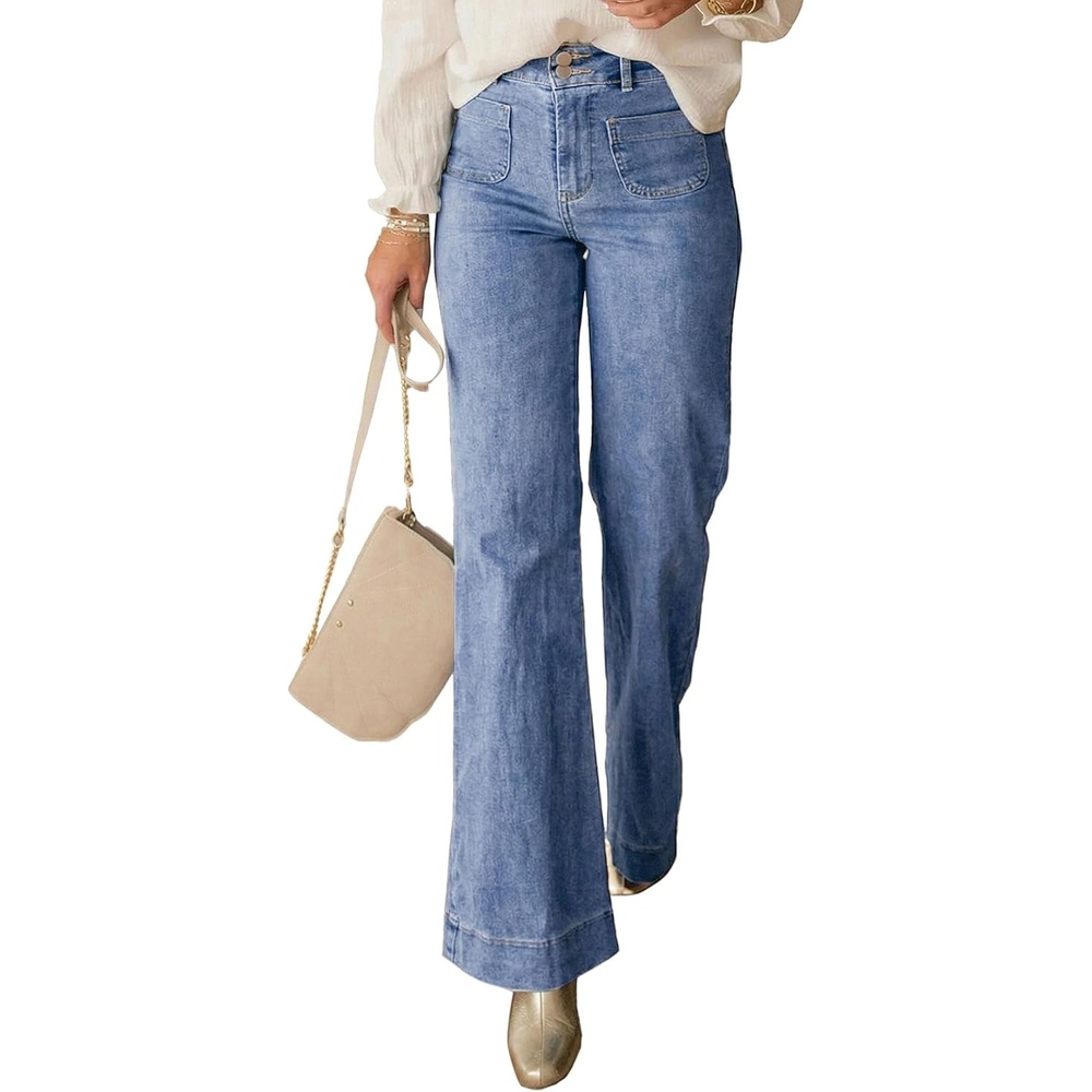 image:imagePRETTYGARDEN Womens Wide Leg Jeans High Waisted Stretchy High Rise Flare Jeans with Front Patch Pockets Loose Fit Daily Wear Denim Trendy Office Work Pants Business Casual OutfitsDusk Blue