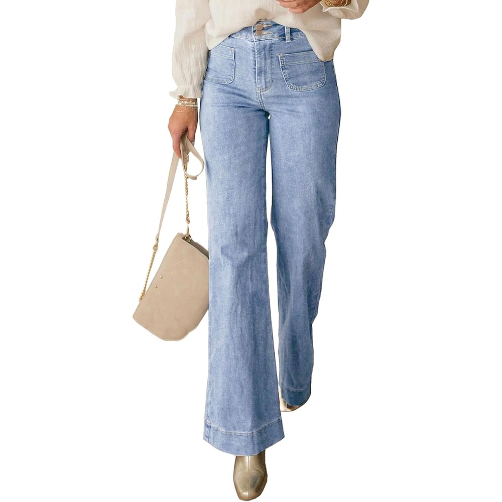 image:imagePRETTYGARDEN Womens Wide Leg Jeans High Waisted Stretchy High Rise Flare Jeans with Front Patch Pockets Loose Fit Daily Wear Denim Trendy Office Work Pants Business Casual OutfitsAshleigh Blue