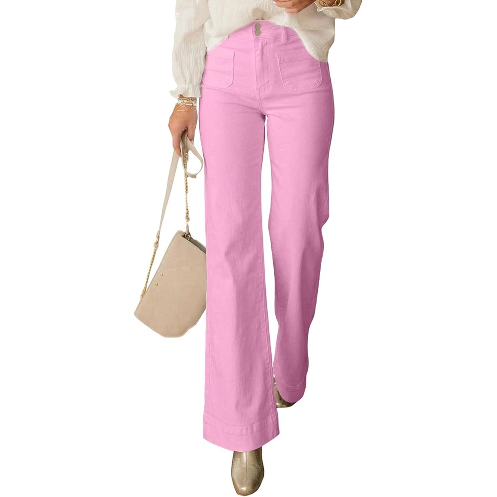 image:imagePRETTYGARDEN Womens Wide Leg Jeans High Waisted Stretchy High Rise Flare Jeans with Front Patch Pockets Loose Fit Daily Wear Denim Trendy Office Work Pants Business Casual OutfitsPink
