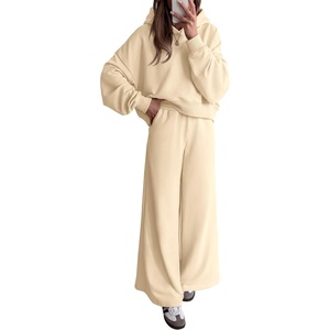 PRETTYGARDEN Women 2 Piece Hoodies Sweatpants Sweatsuits | Long Sleeve Oversized Hooded Sweatshirts, Cotton Wide Leg Sweatpant With Pockets, Fall Workout Sets, Holiday Travel Outfits(Beige)