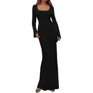 PRETTYGARDEN Women’s Fall Long Sleeve Maxi Bodycon Dresses | Soft Stretchy Ribbed Knit, Bell Sleeve Square Neck Mermaid, Elegant Long Dress, Wedding Guest Party, 2026 Winter Clothing(Black)