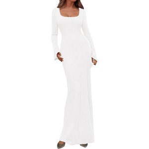 PRETTYGARDEN Women’s Fall Long Sleeve Maxi Bodycon Dresses | Soft Stretchy Ribbed Knit, Bell Sleeve Square Neck Mermaid, Elegant Long Dress, Wedding Guest Party, 2026 Winter Clothing(White)
