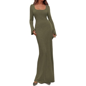 PRETTYGARDEN Women’s Fall Long Sleeve Maxi Bodycon Dresses | Soft Stretchy Ribbed Knit, Bell Sleeve Square Neck Mermaid, Elegant Long Dress, Wedding Guest Party, 2026 Winter Clothing(Army Green)