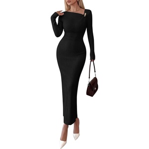 PRETTYGARDEN Womens Fall Long Sleeve Ribbed Sweater Dress | Breathable Knit Fabric, Elegant Bodycon Cut, Fashion Asymmetrical Neck, Night Out Party Dresses, 2026 Trendy Winter Clothes(Black)