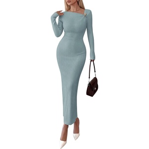 PRETTYGARDEN Womens Fall Long Sleeve Ribbed Sweater Dress | Breathable Knit Fabric, Elegant Bodycon Cut, Fashion Asymmetrical Neck, Night Out Party Dresses, 2026 Trendy Winter Clothes(Grey Blue)