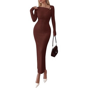 PRETTYGARDEN Womens Fall Long Sleeve Ribbed Sweater Dress | Breathable Knit Fabric, Elegant Bodycon Cut, Fashion Asymmetrical Neck, Night Out Party Dresses, 2026 Trendy Winter Clothes(Brown)