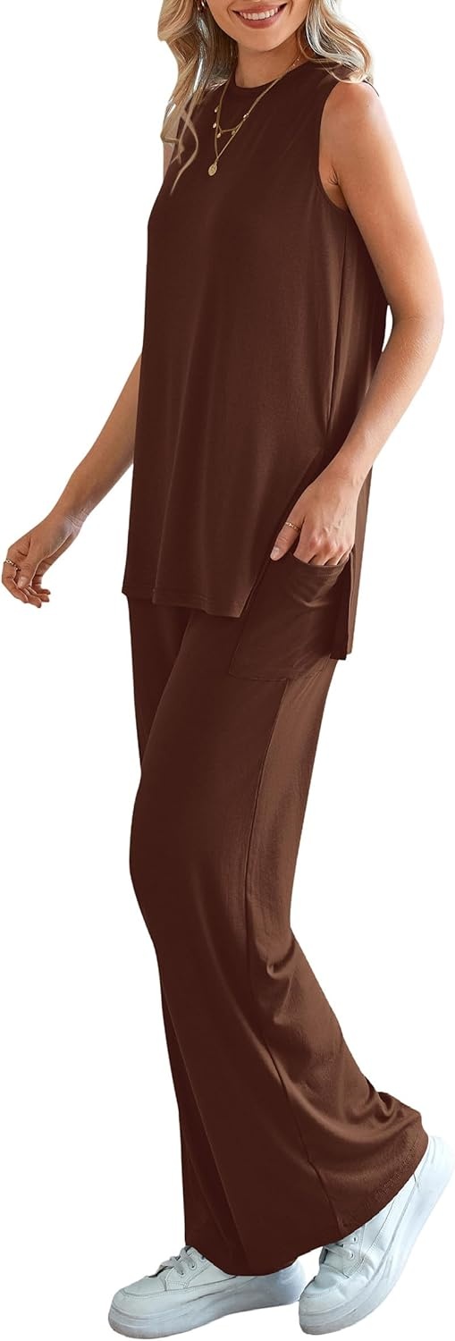 image:imagePRETTYGARDEN 2 Piece Lounge Sets for Women Summer Airport Travel Outfit 2026 Casual Matching Spring Clothes Track Sweat SuitsLight Coffee